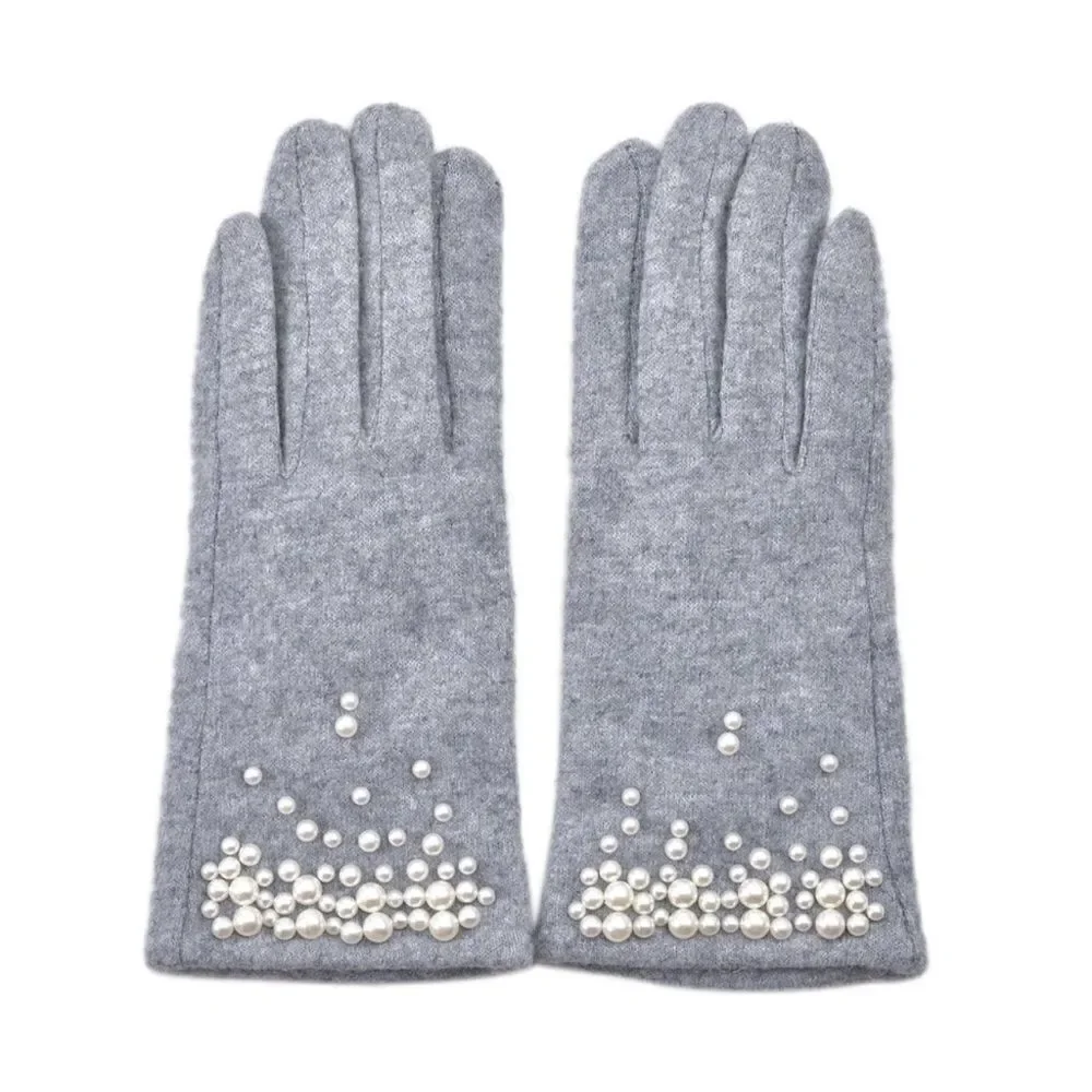 Gray Cashmere Blend Fine Knit Faux Pearl Beaded Fleece Lined E Tip Gloves